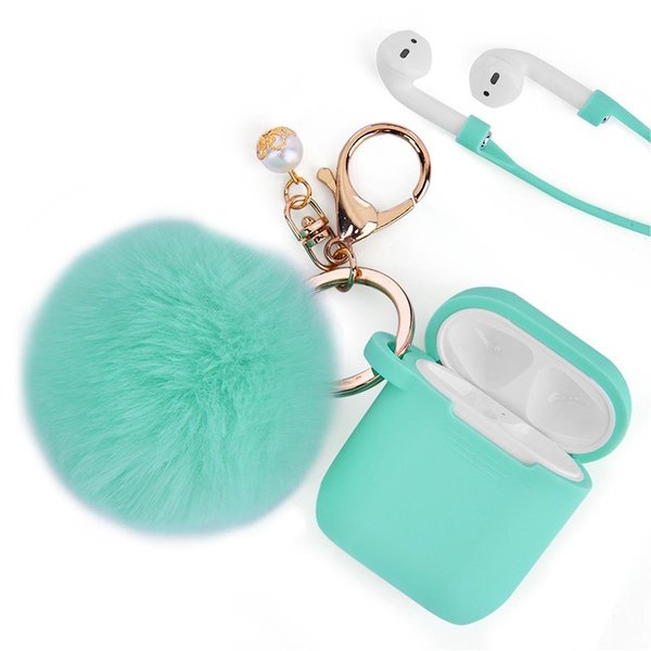 Iphone iPhone CAAP-FURB-MT Furbulous Collection 3 in 1 Thick Silicone TPU Case with Fur Ball Ornament Key Chain & Strap & for Airpods - Mint CAAP-FURB-MT
